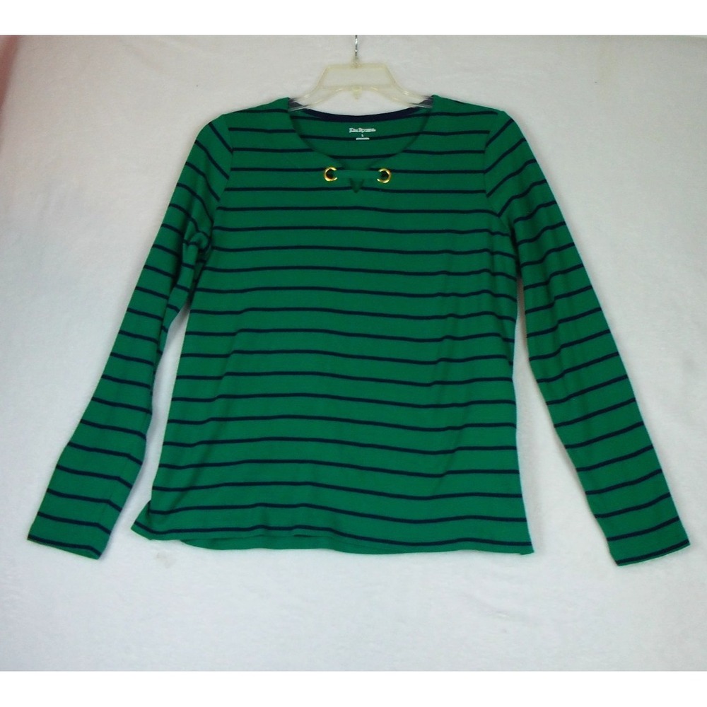Kim Rogers Women's Long Sleeve Top Green Navy Stripes Nautical‎ Coastal - Picture 6 of 6